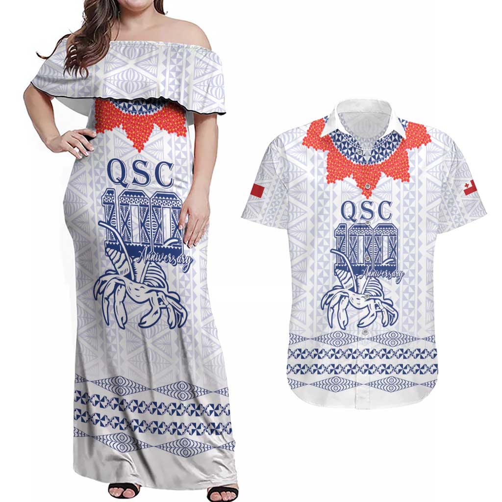 Queen Salote College 100 Years Anniversary Personalized Couples Matching Off Shoulder Maxi Dress and Hawaiian Shirt Tonga QSC White - Polynesian Pride