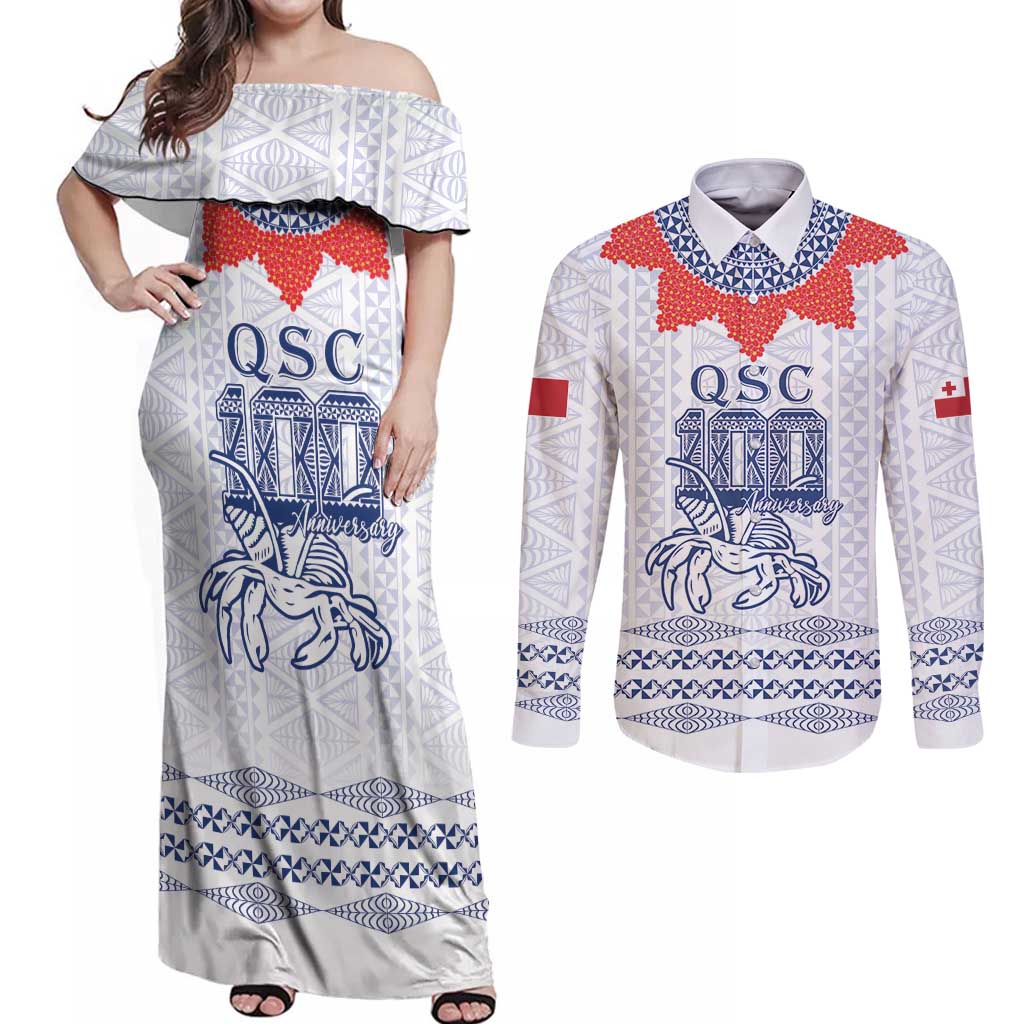 Queen Salote College 100 Years Anniversary Personalized Couples Matching Off Shoulder Maxi Dress and Long Sleeve Button Shirt Tonga QSC White - Polynesian Pride