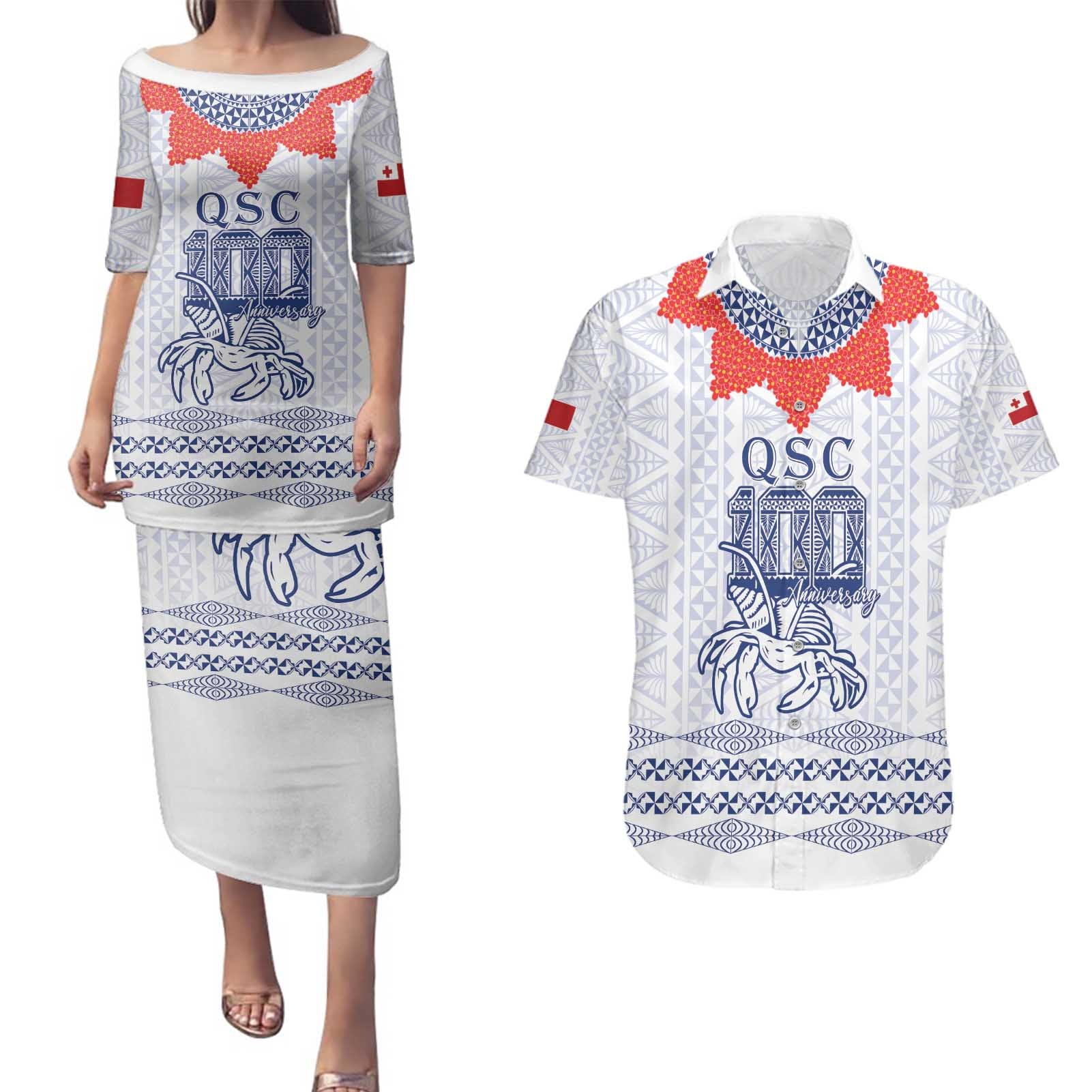 Queen Salote College 100 Years Anniversary Personalized Couples Matching Puletasi and Hawaiian Shirt Tonga QSC White - Polynesian Pride