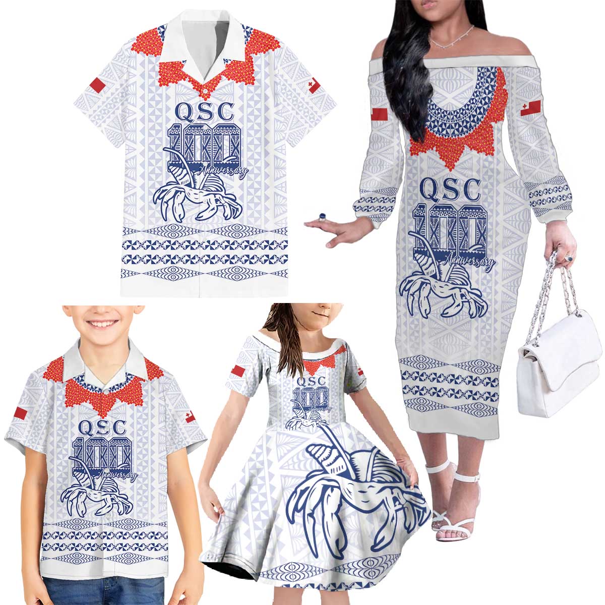 Queen Salote College 100 Years Anniversary Personalized Family Matching Off The Shoulder Long Sleeve Dress and Hawaiian Shirt Tonga QSC White - Polynesian Pride