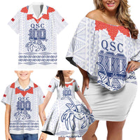 Queen Salote College 100 Years Anniversary Personalized Family Matching Off Shoulder Short Dress and Hawaiian Shirt Tonga QSC White - Polynesian Pride