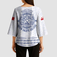 Queen Salote College 100 Years Anniversary Personalized Kimono Sleeve Blouse Tonga QSC White - Polynesian Pride