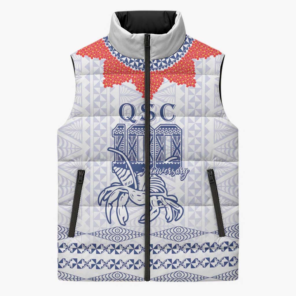Queen Salote College 100 Years Anniversary Personalized Sleeveless Puffer Jacket Tonga QSC White - Polynesian Pride
