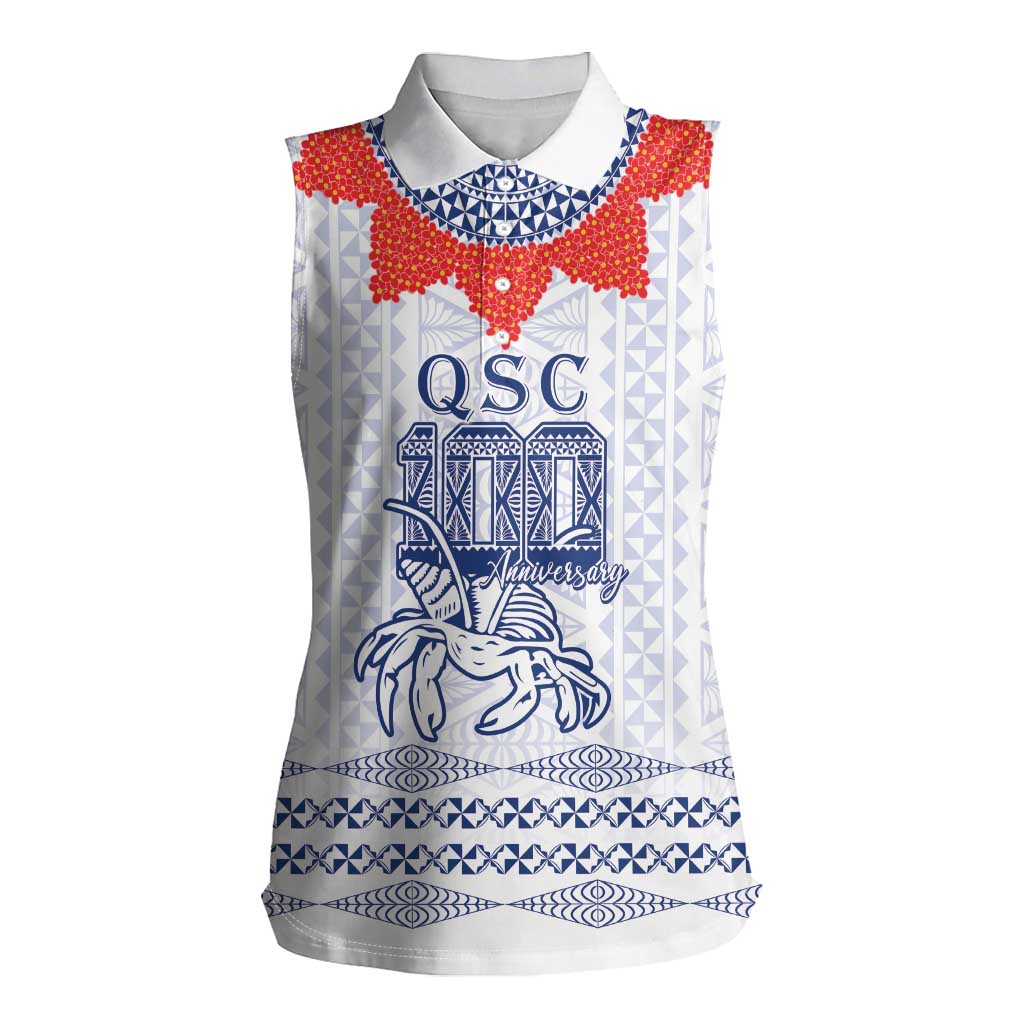 Queen Salote College 100 Years Anniversary Personalized Women Sleeveless Polo Shirt Tonga QSC White - Polynesian Pride