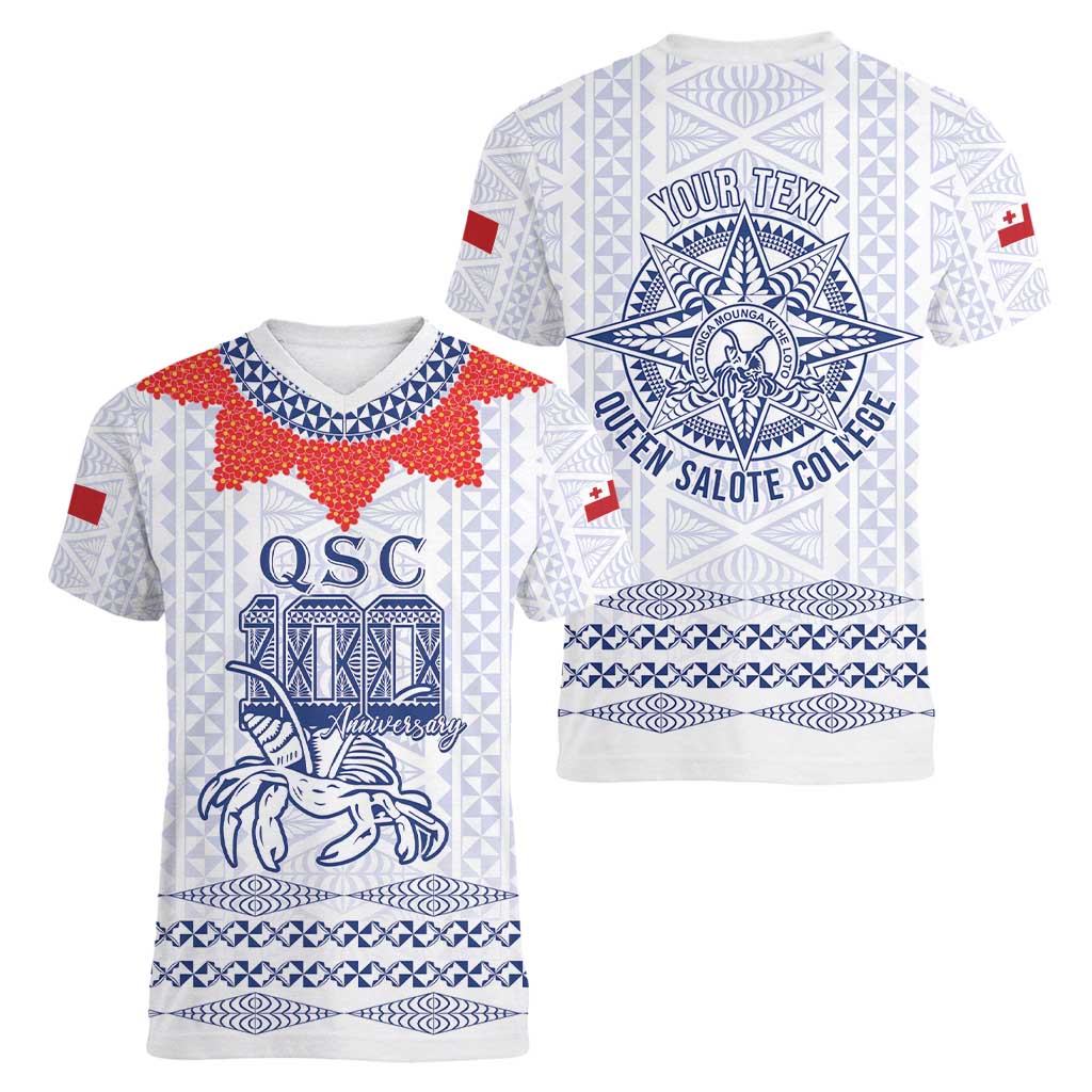 Queen Salote College 100 Years Anniversary Personalized Women V-Neck T-Shirt Tonga QSC White - Polynesian Pride