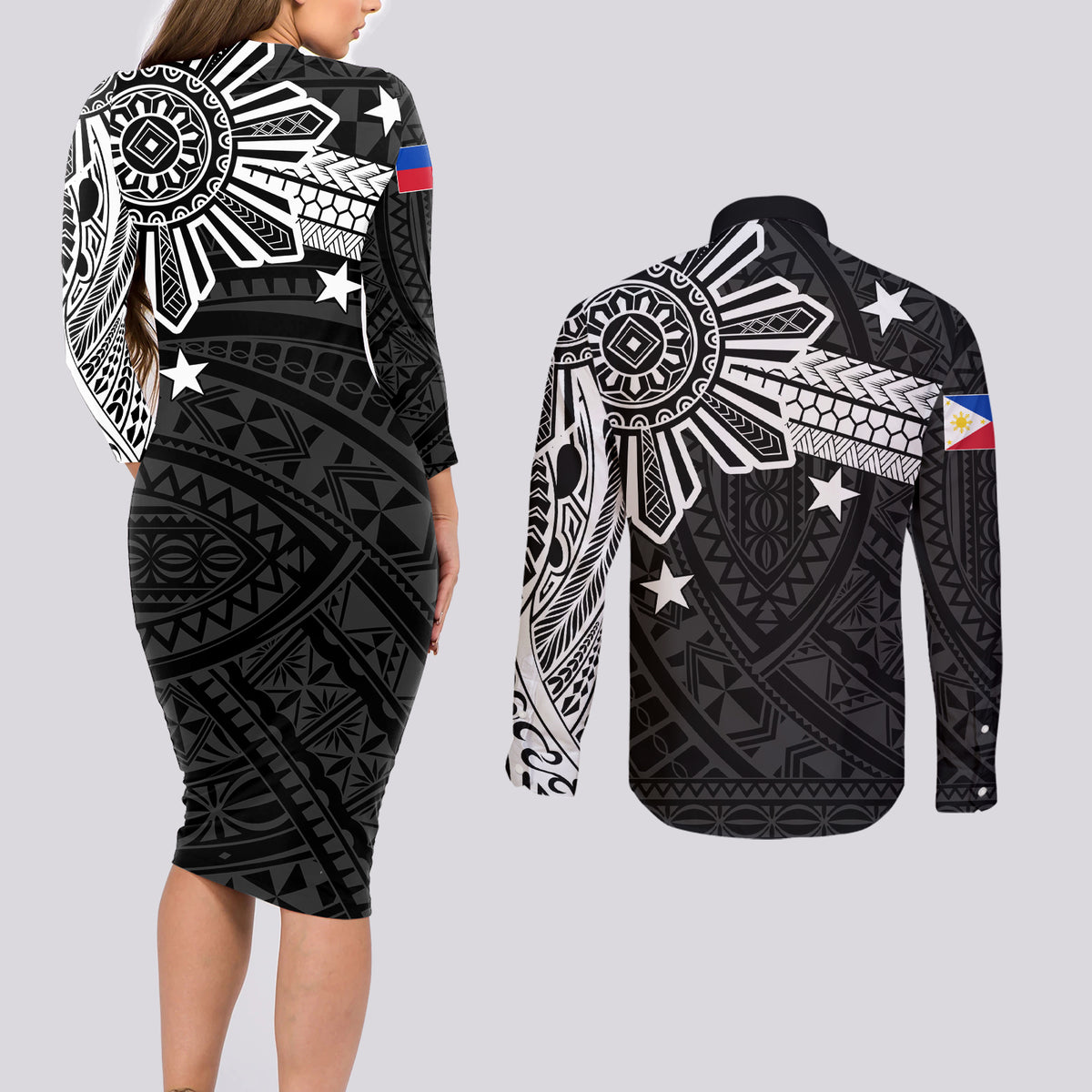 Personalised Philippines Couples Matching Long Sleeve Bodycon Dress and Long Sleeve Button Shirt Tribal Sun LT7 - Polynesian Pride
