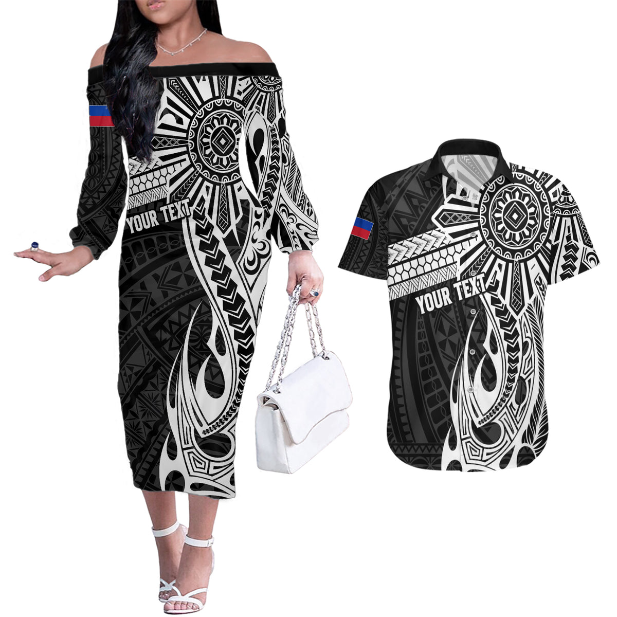 Personalised Philippines Couples Matching Off The Shoulder Long Sleeve Dress and Hawaiian Shirt Tribal Sun LT7 Black - Polynesian Pride