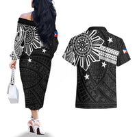 Personalised Philippines Couples Matching Off The Shoulder Long Sleeve Dress and Hawaiian Shirt Tribal Sun LT7 - Polynesian Pride