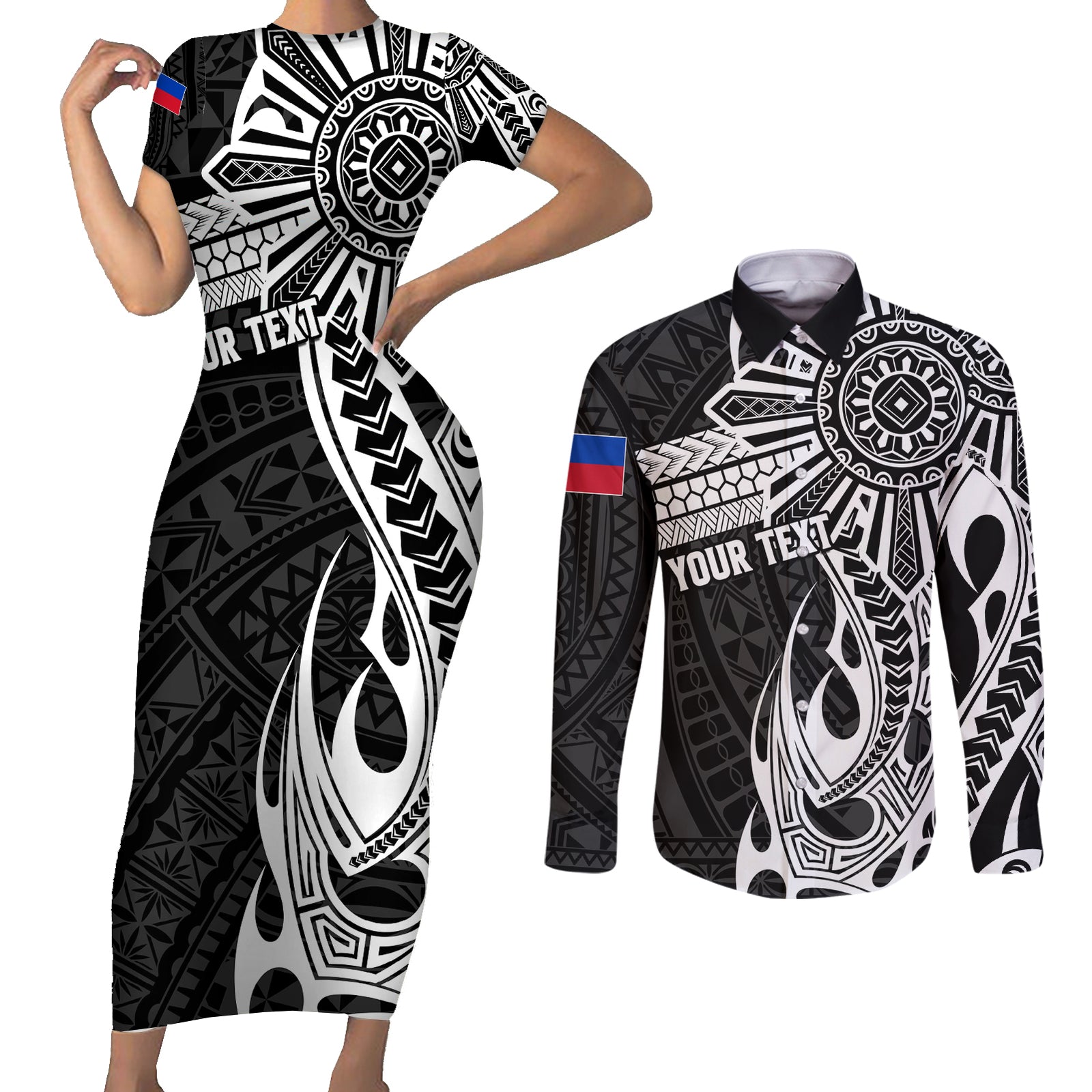 Personalised Philippines Couples Matching Short Sleeve Bodycon Dress and Long Sleeve Button Shirt Tribal Sun LT7 Black - Polynesian Pride