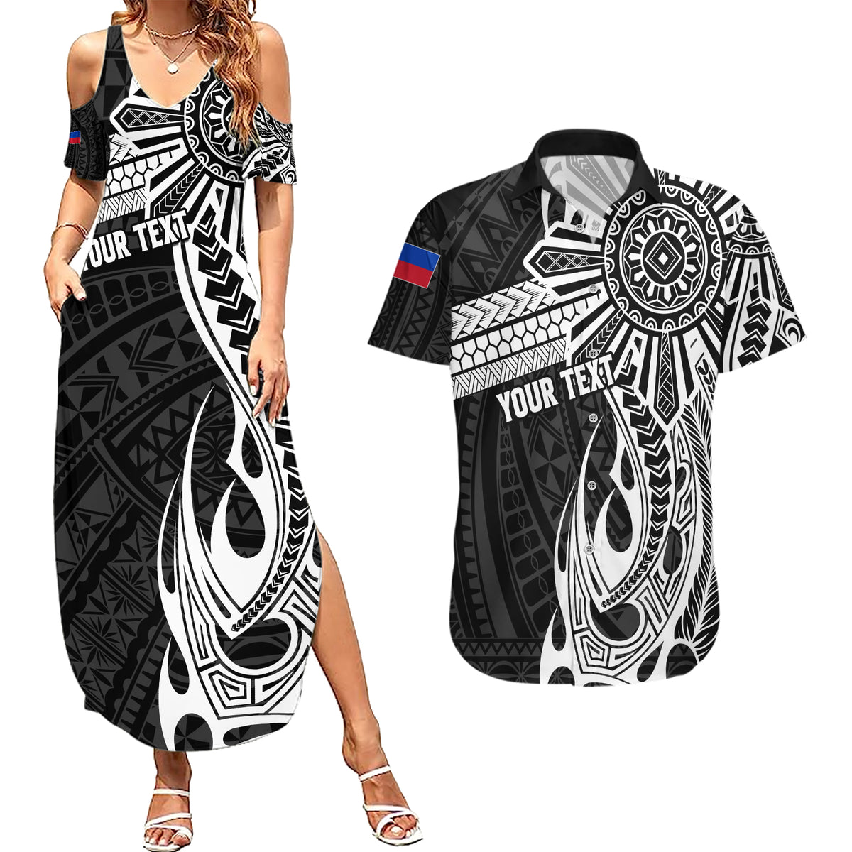 Personalised Philippines Couples Matching Summer Maxi Dress and Hawaiian Shirt Tribal Sun LT7 Black - Polynesian Pride