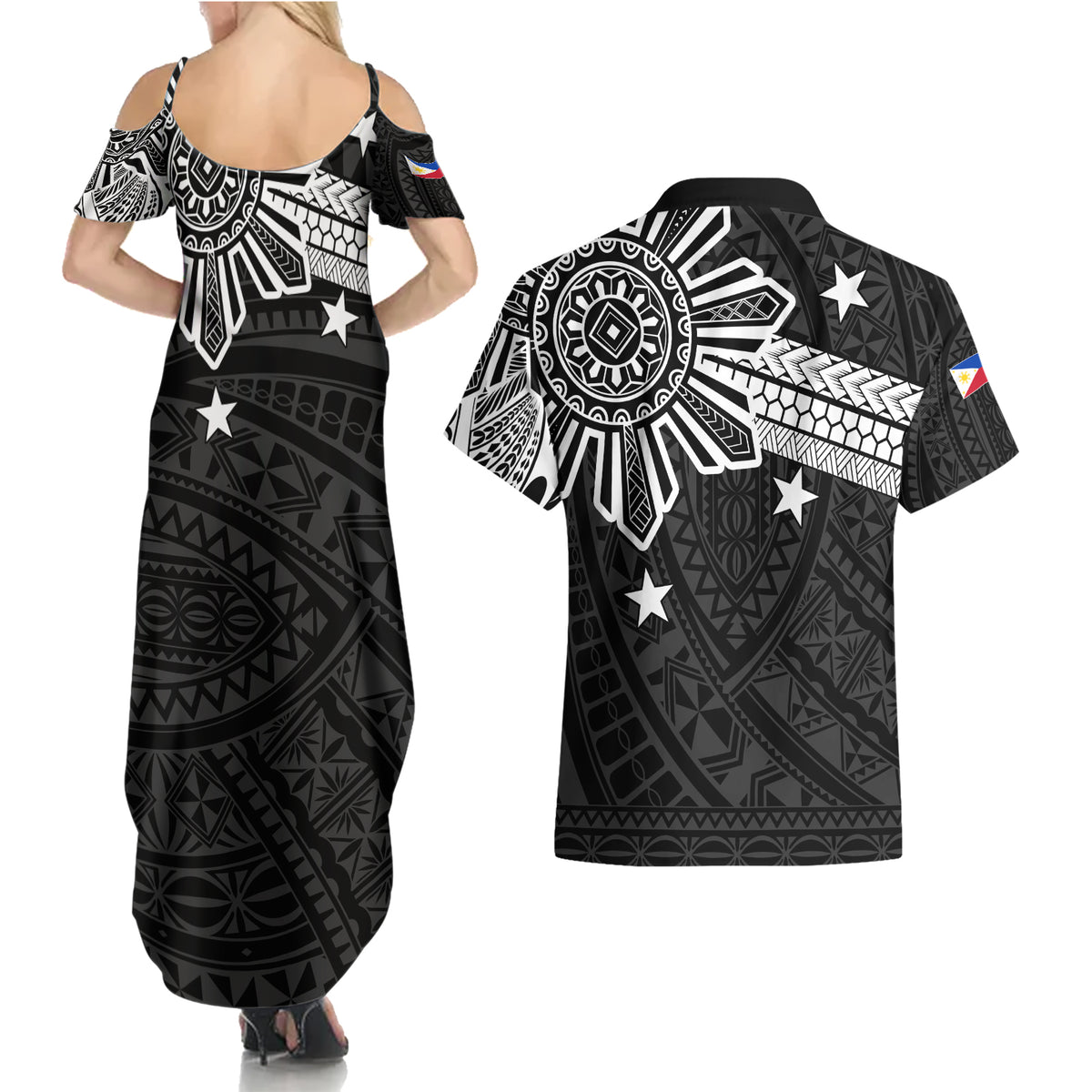 Personalised Philippines Couples Matching Summer Maxi Dress and Hawaiian Shirt Tribal Sun LT7 - Polynesian Pride