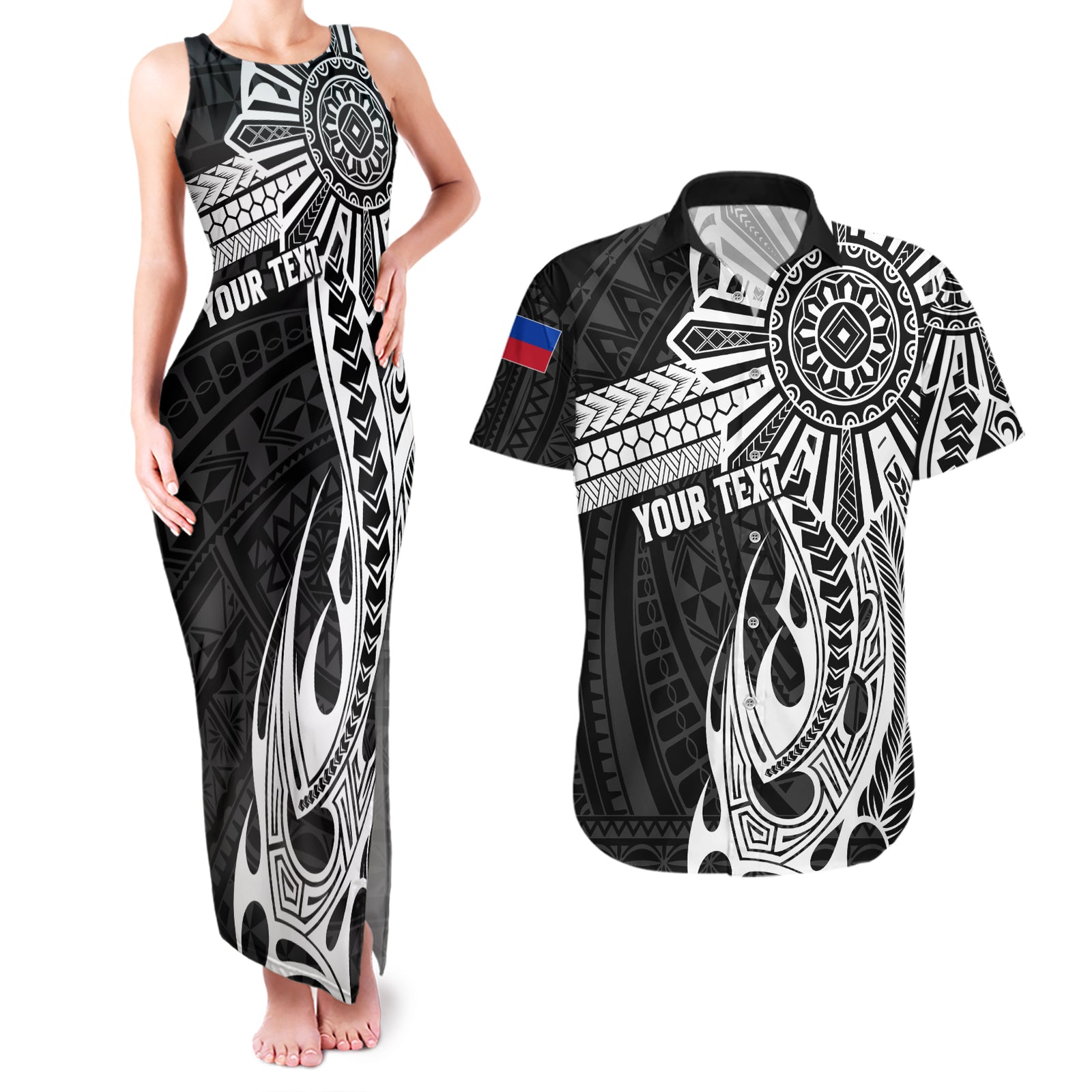 Personalised Philippines Couples Matching Tank Maxi Dress and Hawaiian Shirt Tribal Sun LT7 Black - Polynesian Pride