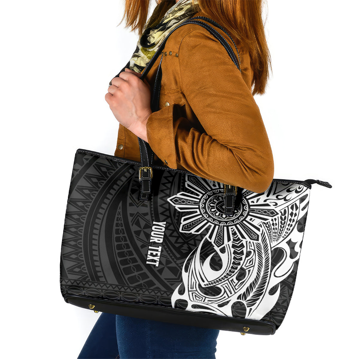 Personalised Philippines Leather Tote Bag Tribal Sun LT7 Black - Polynesian Pride