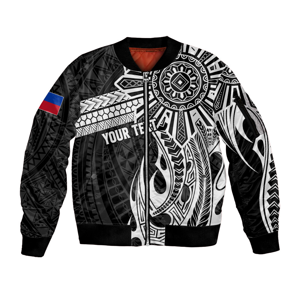 Personalised Philippines Sleeve Zip Bomber Jacket Tribal Sun LT7 Unisex Black - Polynesian Pride