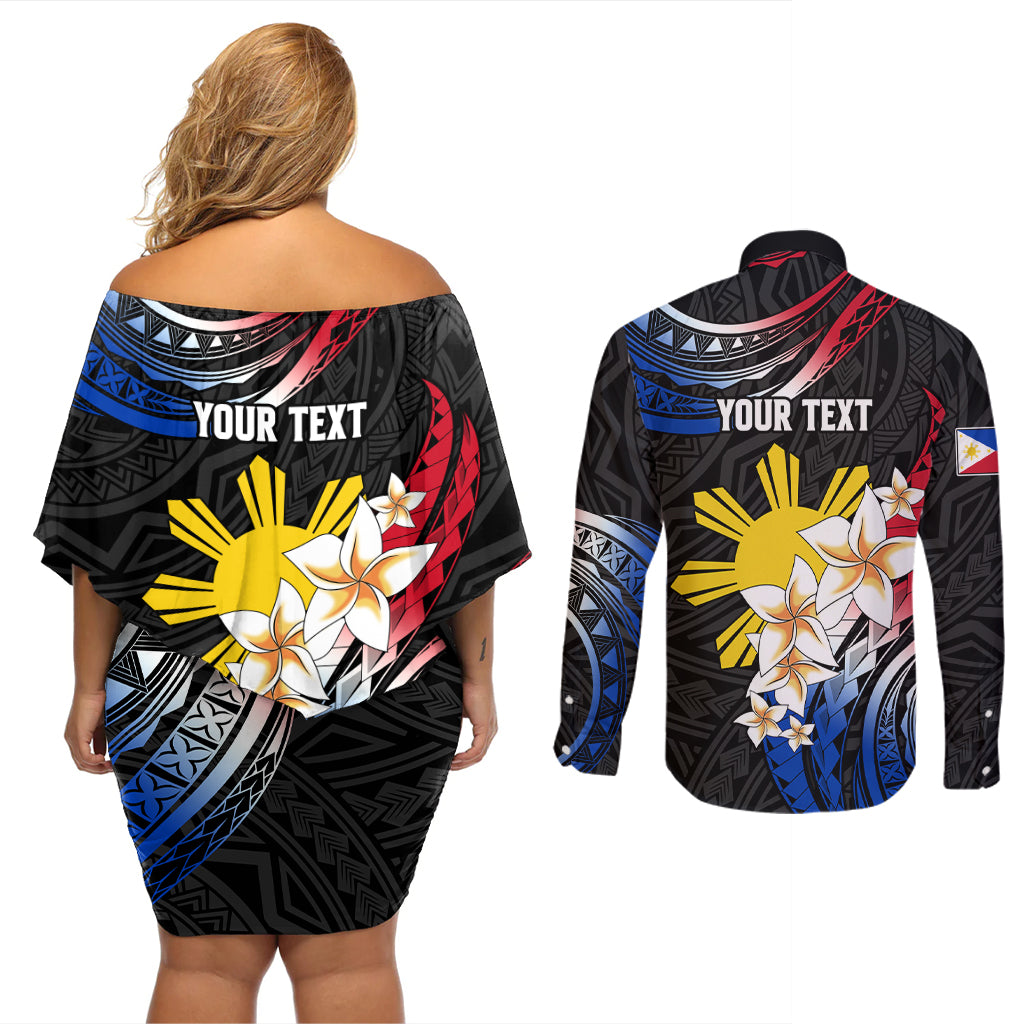 Personalised Philippines Tribal Couples Matching Off Shoulder Short Dress and Long Sleeve Button Shirt Mix Plumeria - Flag Colors LT7 - Polynesian Pride
