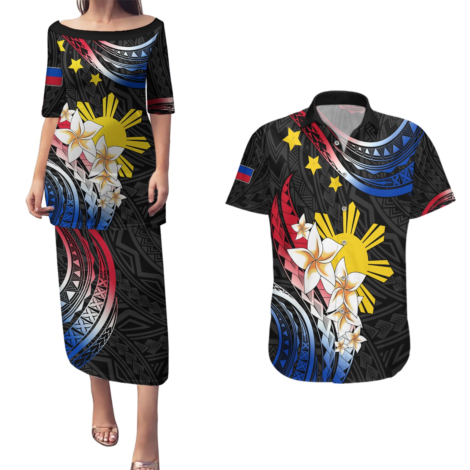 Personalised Philippines Tribal Couples Matching Puletasi Dress and Hawaiian Shirt Mix Plumeria - Flag Colors LT7 Black - Polynesian Pride