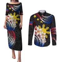 Personalised Philippines Tribal Couples Matching Puletasi Dress and Long Sleeve Button Shirt Mix Plumeria - Flag Colors LT7 Black - Polynesian Pride