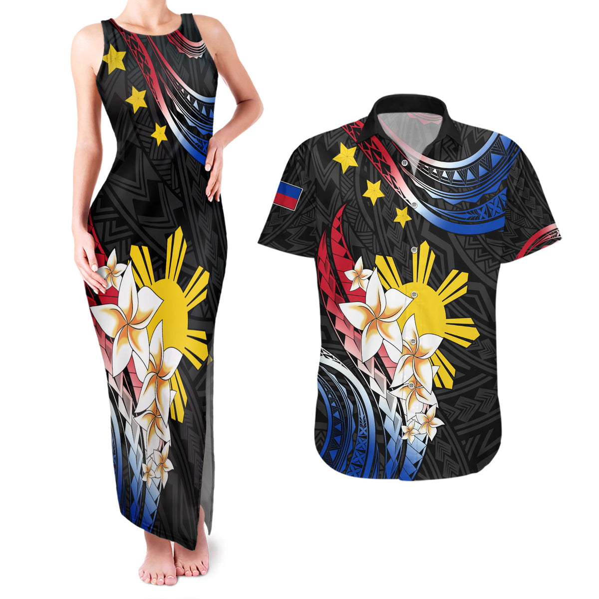 Personalised Philippines Tribal Couples Matching Tank Maxi Dress and Hawaiian Shirt Mix Plumeria - Flag Colors LT7 Black - Polynesian Pride