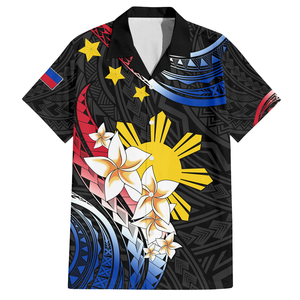 Personalised Philippines Tribal Family Matching Off Shoulder Short Dress and Hawaiian Shirt Mix Plumeria - Flag Colors LT7 Dad's Shirt - Short Sleeve Black - Polynesian Pride
