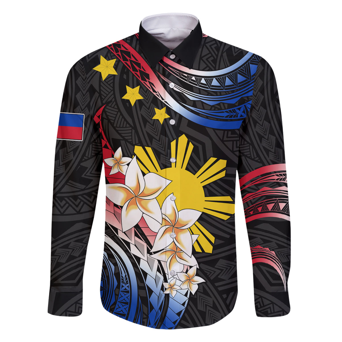 Personalised Philippines Tribal Family Matching Summer Maxi Dress and Hawaiian Shirt Mix Plumeria - Flag Colors LT7 Dad's Shirt - Long Sleeve Black - Polynesian Pride