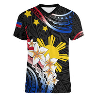 Personalised Philippines Tribal Women V Neck T Shirt Mix Plumeria - Flag Colors LT7 Female Black - Polynesian Pride