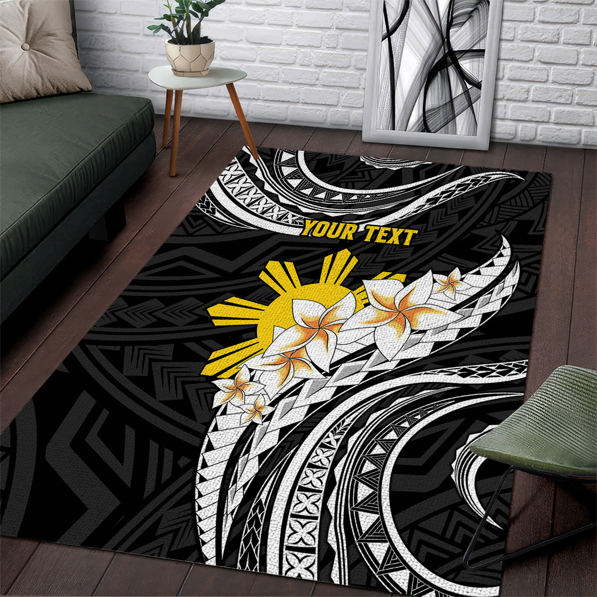 Personalised Philippines Tribal Area Rug Mix Plumeria LT7 Black - Polynesian Pride