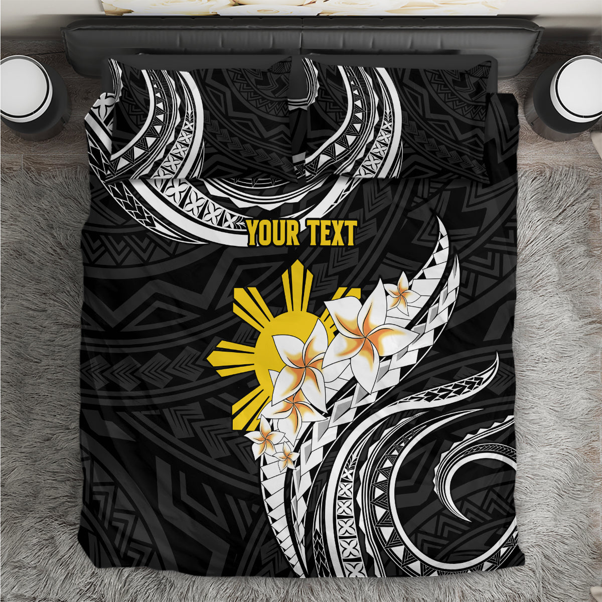 Personalised Philippines Tribal Bedding Set Mix Plumeria LT7 Black - Polynesian Pride