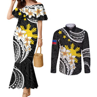 Personalised Philippines Tribal Couples Matching Mermaid Dress and Long Sleeve Button Shirt Mix Plumeria LT7 Black - Polynesian Pride
