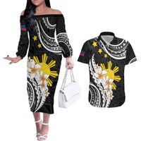 Personalised Philippines Tribal Couples Matching Off The Shoulder Long Sleeve Dress and Hawaiian Shirt Mix Plumeria LT7 Black - Polynesian Pride