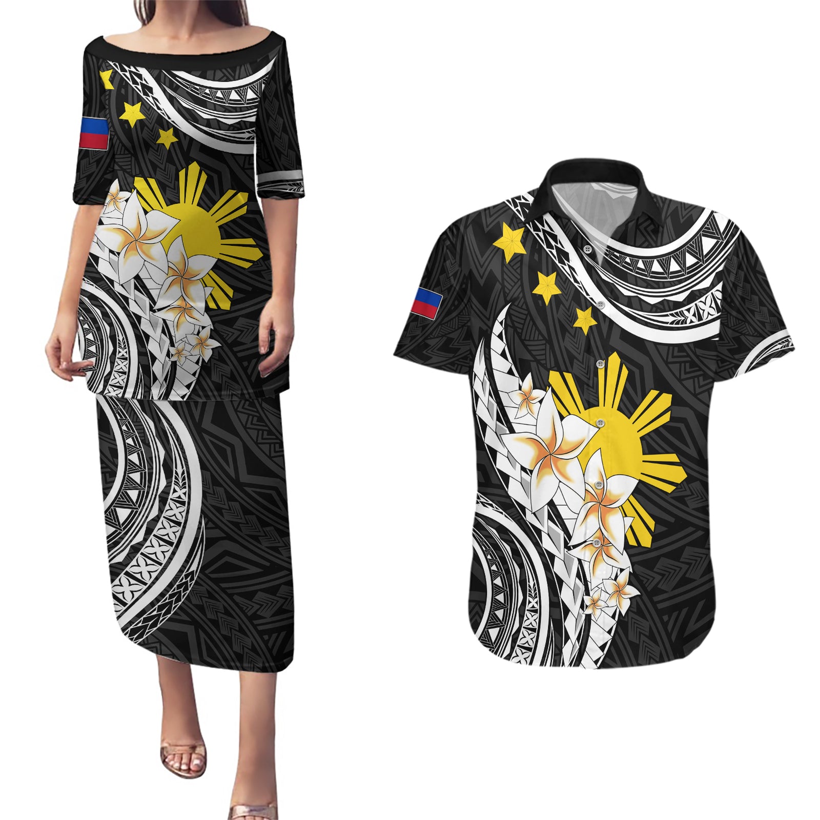 Personalised Philippines Tribal Couples Matching Puletasi Dress and Hawaiian Shirt Mix Plumeria LT7 Black - Polynesian Pride