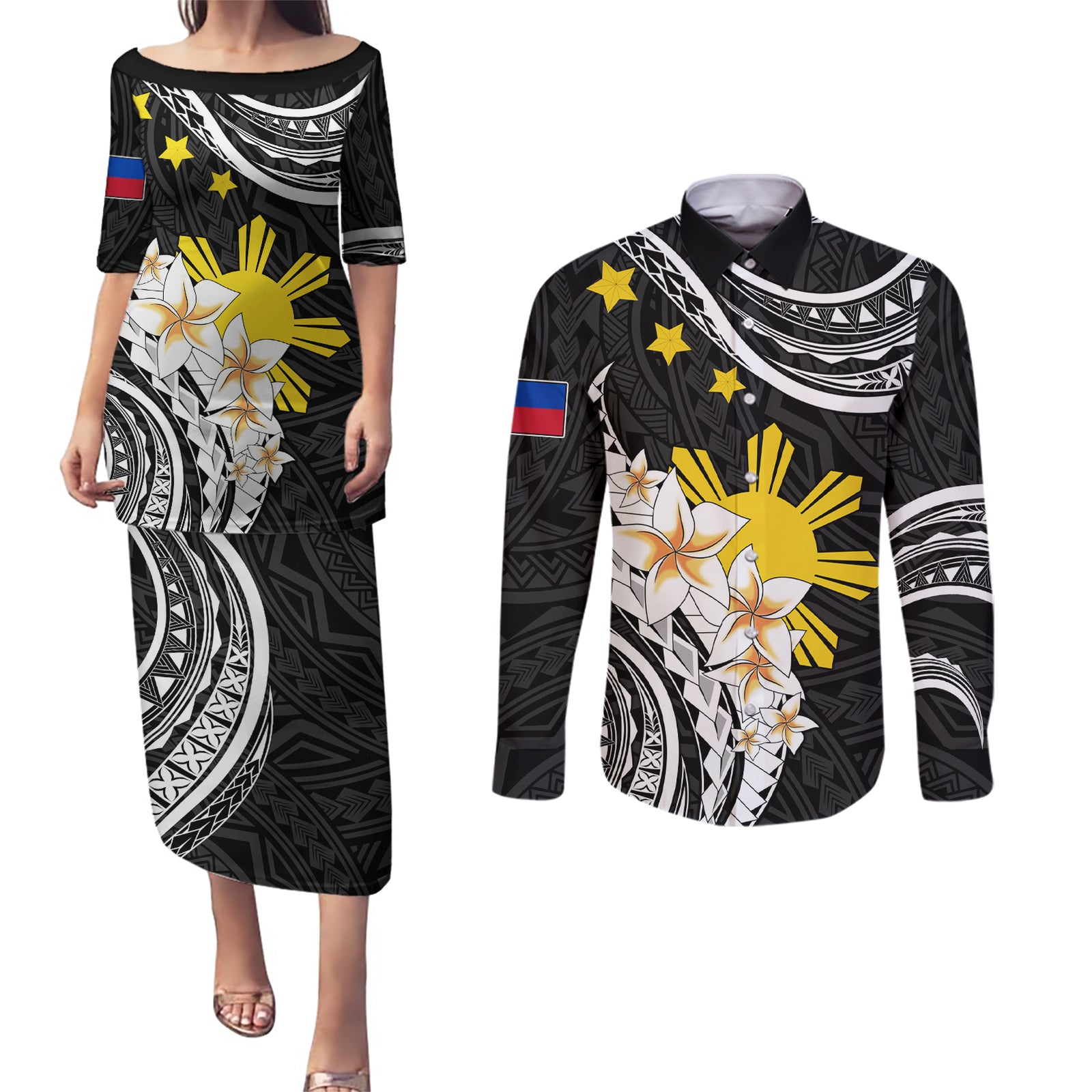 Personalised Philippines Tribal Couples Matching Puletasi Dress and Long Sleeve Button Shirt Mix Plumeria LT7 Black - Polynesian Pride