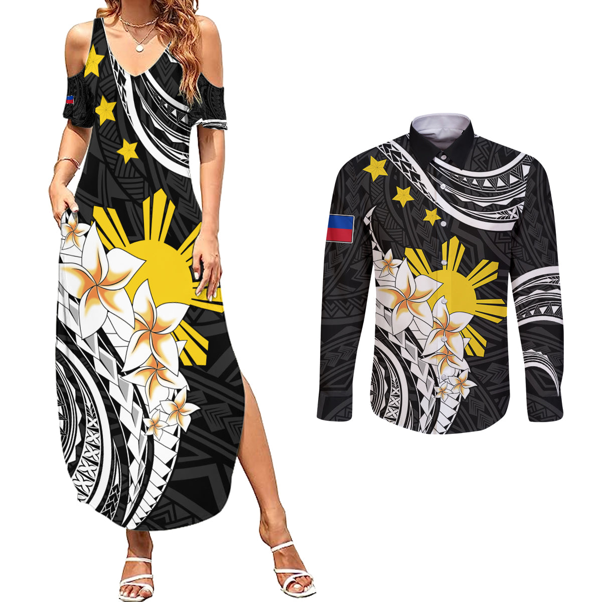 Personalised Philippines Tribal Couples Matching Summer Maxi Dress and Long Sleeve Button Shirt Mix Plumeria LT7 Black - Polynesian Pride