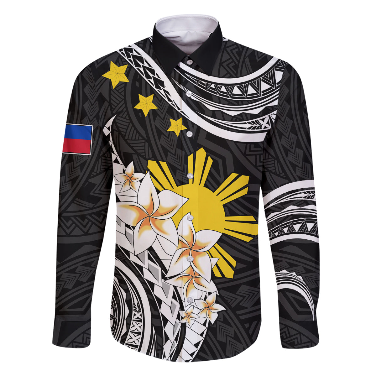 Personalised Philippines Tribal Family Matching Mermaid Dress and Hawaiian Shirt Mix Plumeria LT7 Dad's Shirt - Long Sleeve Black - Polynesian Pride