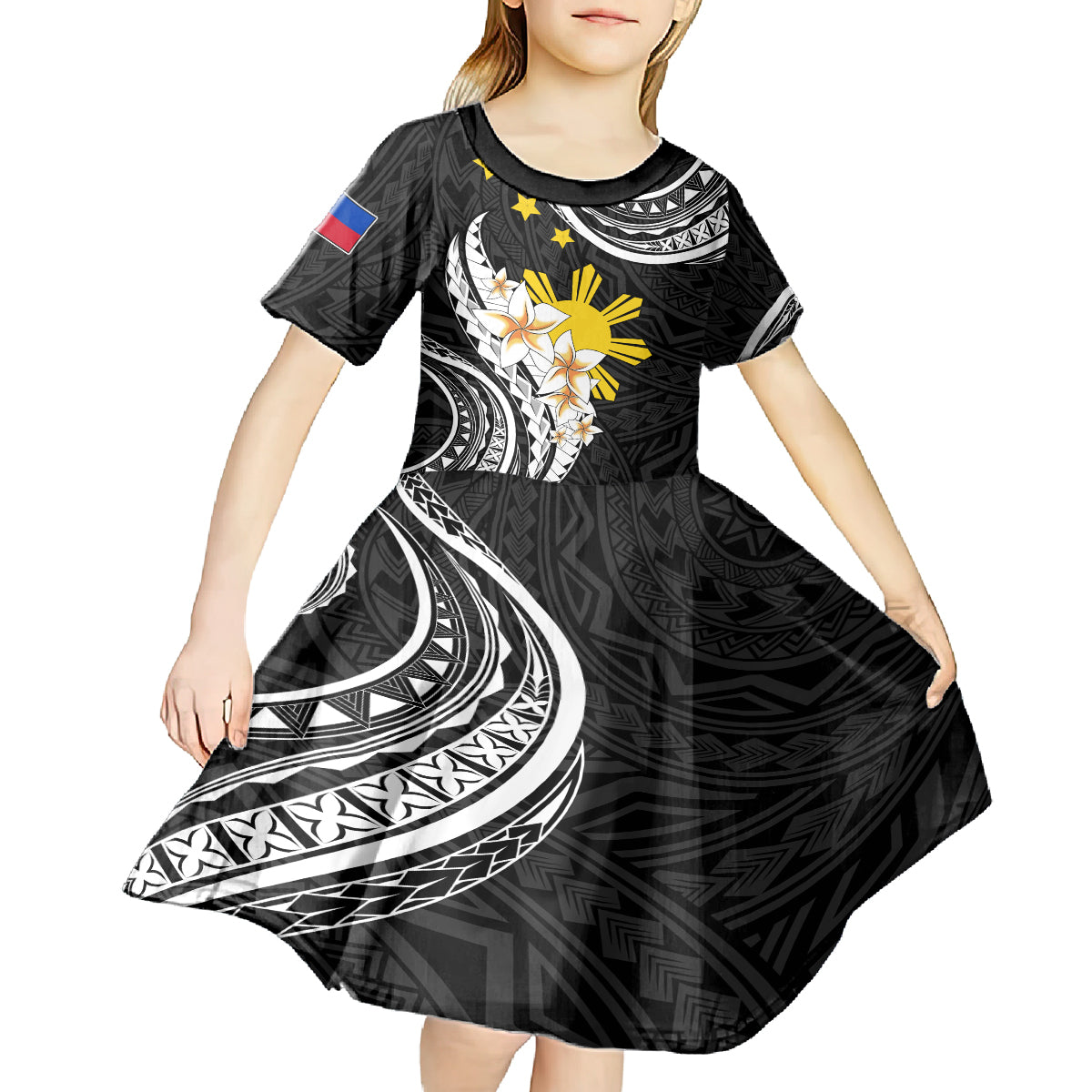 Personalised Philippines Tribal Kid Short Sleeve Dress Mix Plumeria LT7 - Polynesian Pride