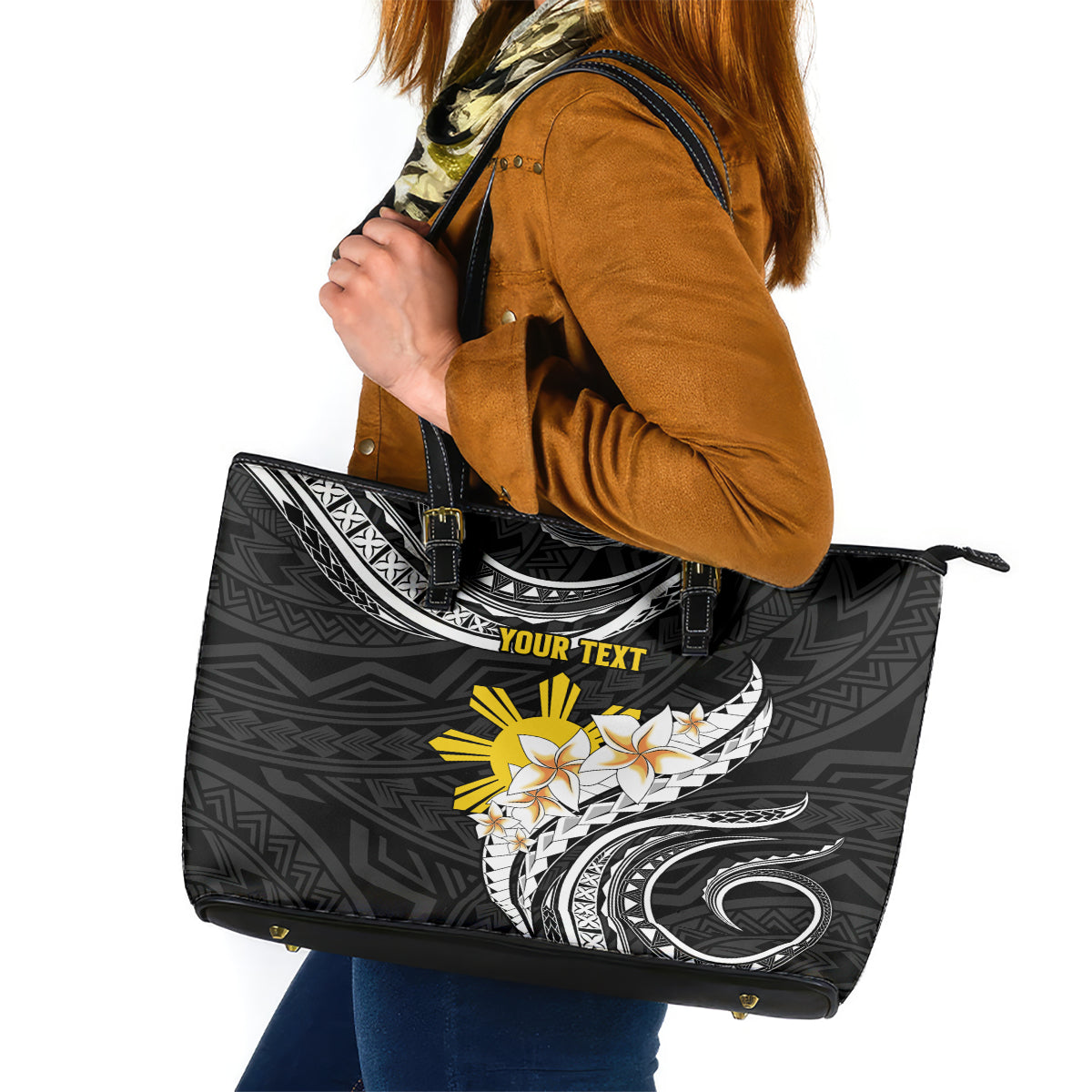 Personalised Philippines Tribal Leather Tote Bag Mix Plumeria LT7 Black - Polynesian Pride