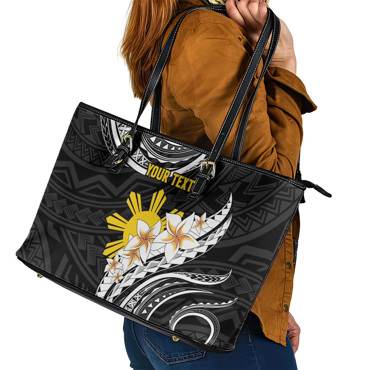 Personalised Philippines Tribal Leather Tote Bag Mix Plumeria LT7 - Polynesian Pride
