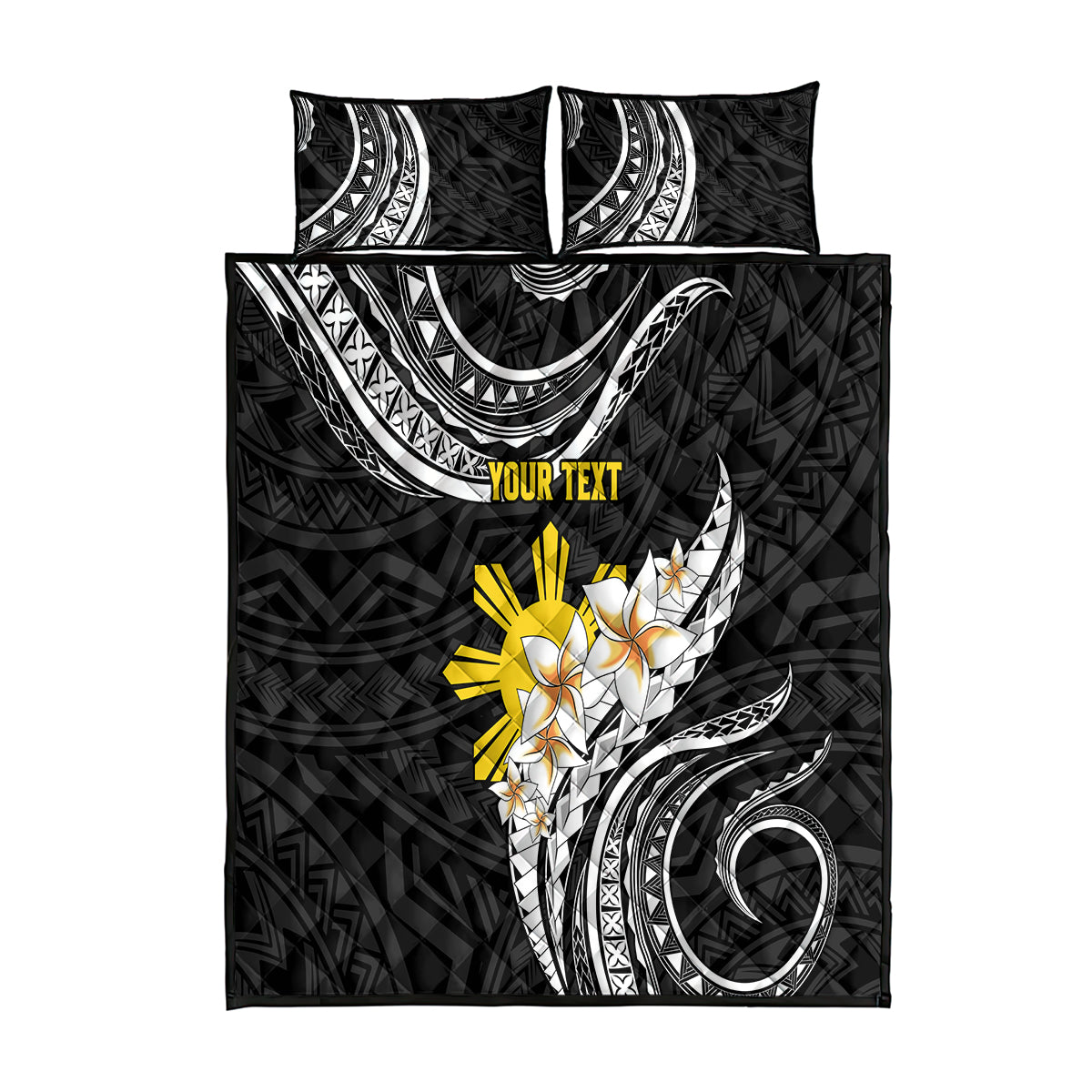 Personalised Philippines Tribal Quilt Bed Set Mix Plumeria LT7 Black - Polynesian Pride