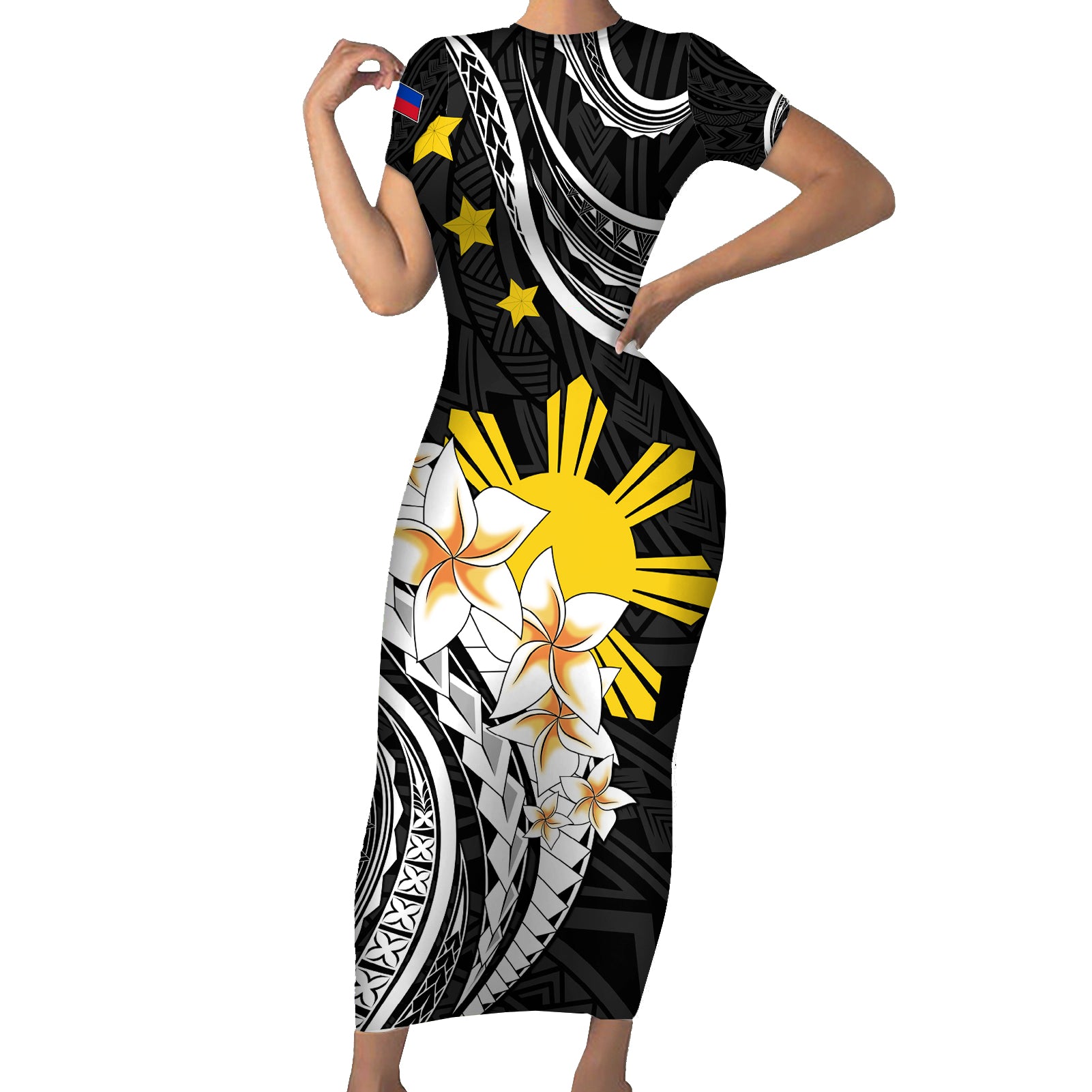 Personalised Philippines Tribal Short Sleeve Bodycon Dress Mix Plumeria LT7 Long Dress Black - Polynesian Pride