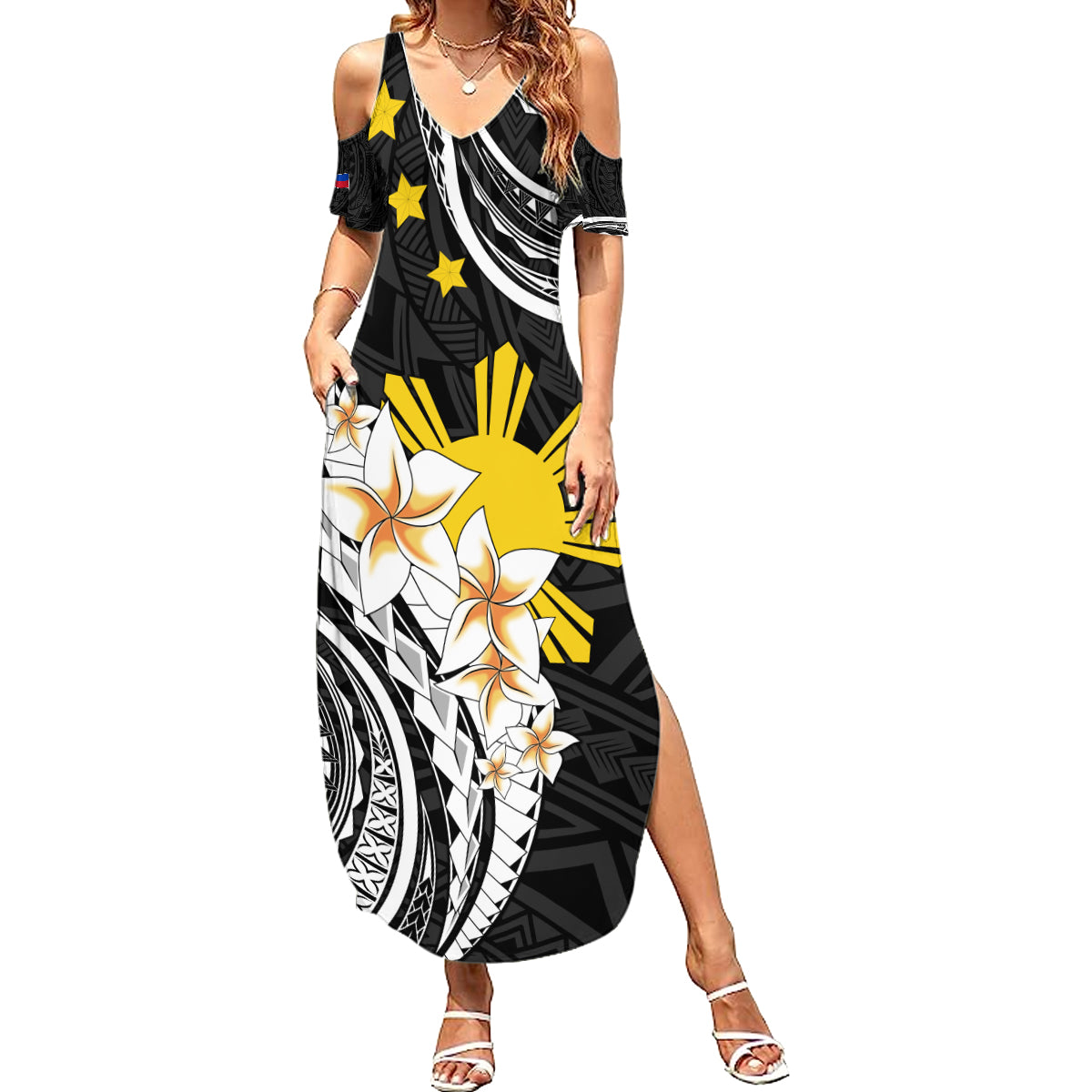 Personalised Philippines Tribal Summer Maxi Dress Mix Plumeria LT7 Women Black - Polynesian Pride