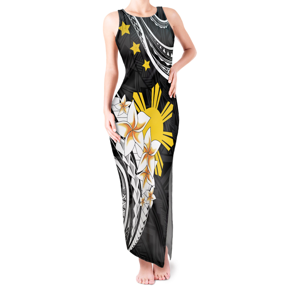 Personalised Philippines Tribal Tank Maxi Dress Mix Plumeria LT7 Women Black - Polynesian Pride