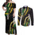 Hawaii Aloha Kakau Couples Matching Off Shoulder Maxi Dress and Long Sleeve Button Shirt Puakenikeni and Maile Lei Twist