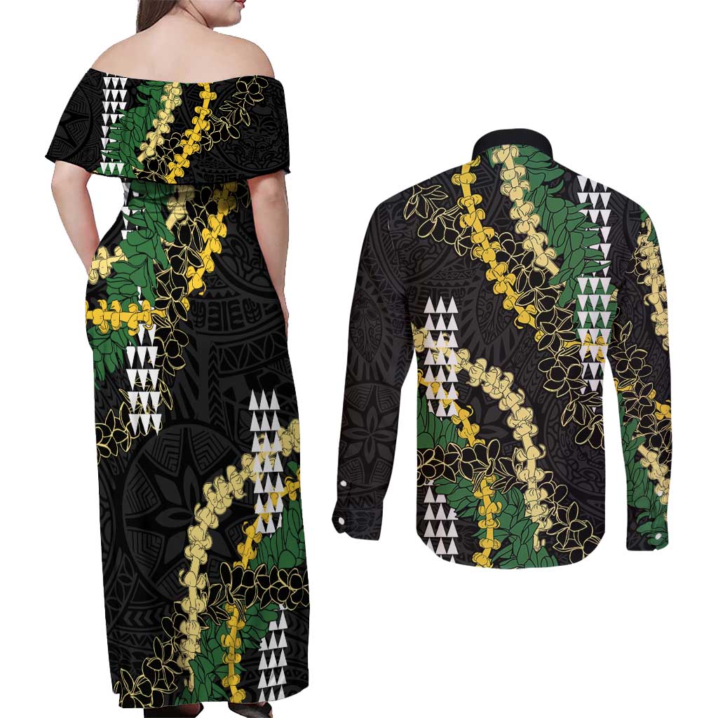 Hawaii Aloha Kakau Couples Matching Off Shoulder Maxi Dress and Long Sleeve Button Shirt Puakenikeni and Maile Lei Twist