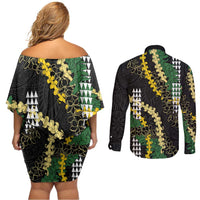 Hawaii Aloha Kakau Couples Matching Off Shoulder Short Dress and Long Sleeve Button Shirt Puakenikeni and Maile Lei Twist