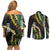 Hawaii Aloha Kakau Couples Matching Off Shoulder Short Dress and Long Sleeve Button Shirt Puakenikeni and Maile Lei Twist