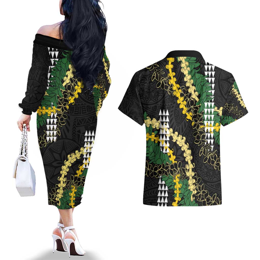 Hawaii Aloha Kakau Couples Matching Off The Shoulder Long Sleeve Dress and Hawaiian Shirt Puakenikeni and Maile Lei Twist