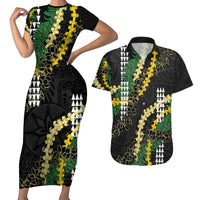 Hawaii Aloha Kakau Couples Matching Short Sleeve Bodycon Dress and Hawaiian Shirt Puakenikeni and Maile Lei Twist