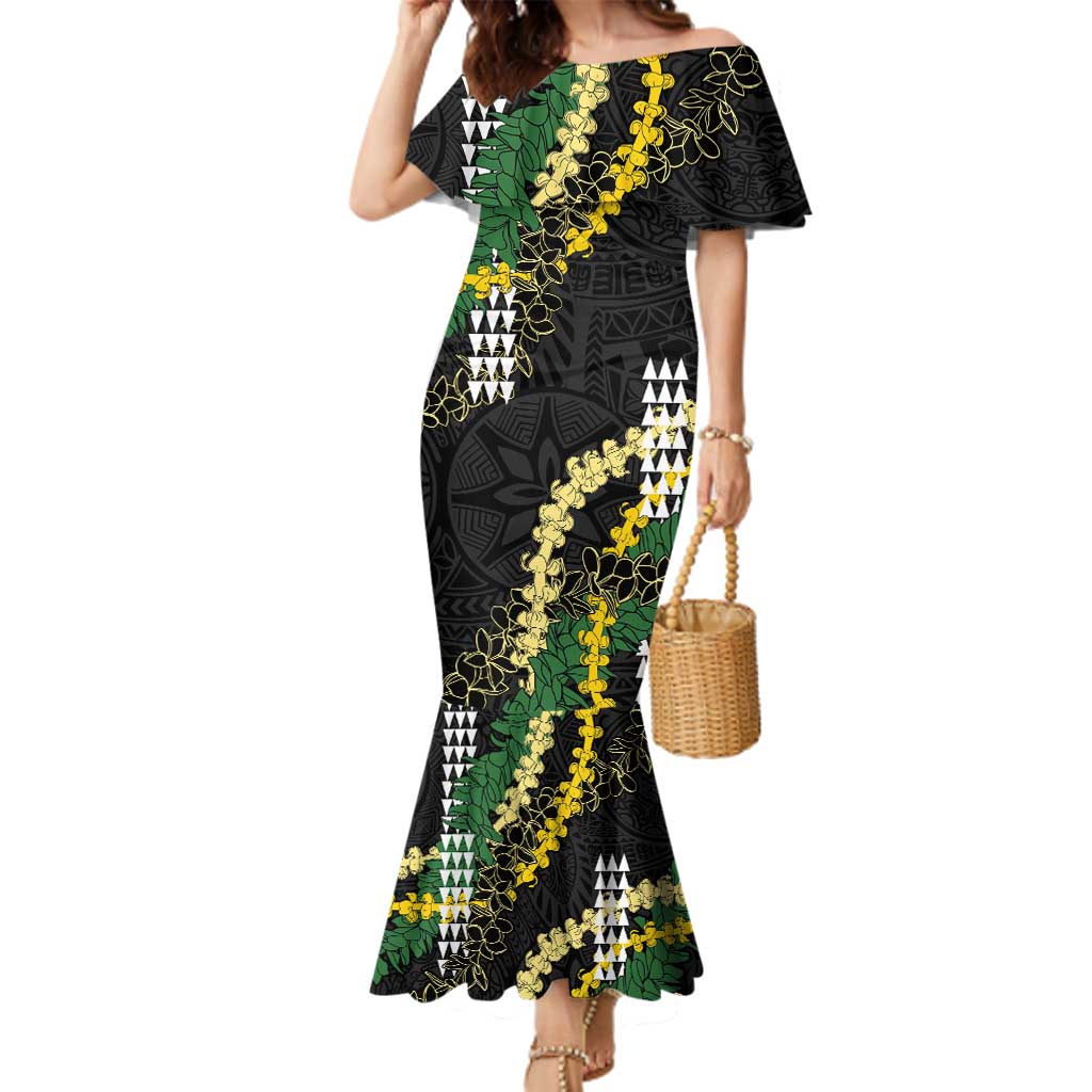 Hawaii Aloha Kakau Family Matching Mermaid Dress and Hawaiian Shirt Puakenikeni and Maile Lei Twist