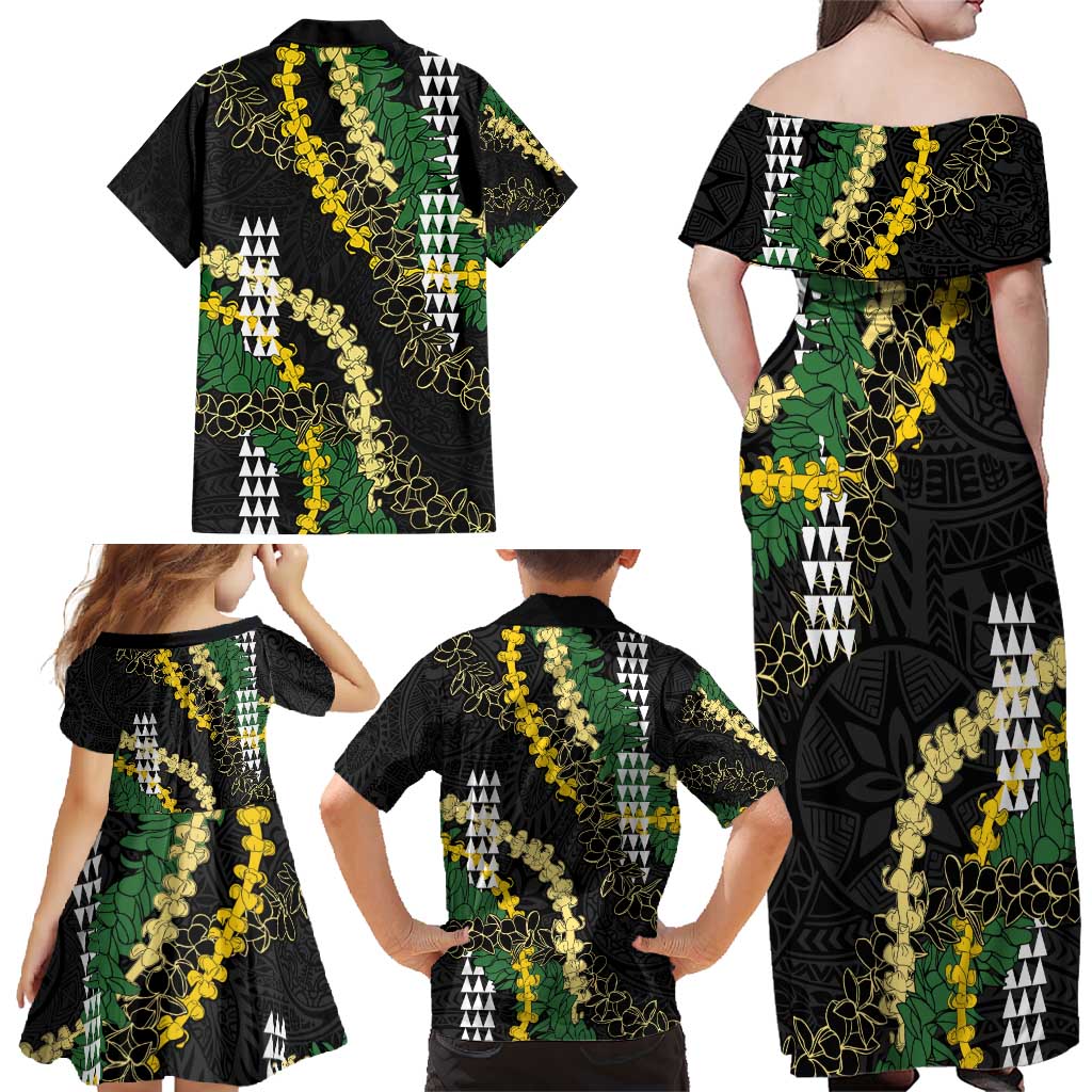 Hawaii Aloha Kakau Family Matching Off Shoulder Maxi Dress and Hawaiian Shirt Puakenikeni and Maile Lei Twist