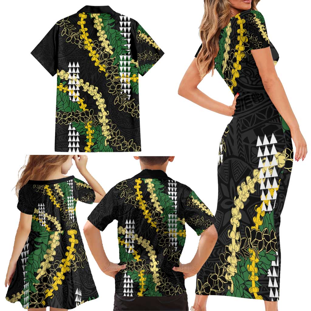 Hawaii Aloha Kakau Family Matching Short Sleeve Bodycon Dress and Hawaiian Shirt Puakenikeni and Maile Lei Twist