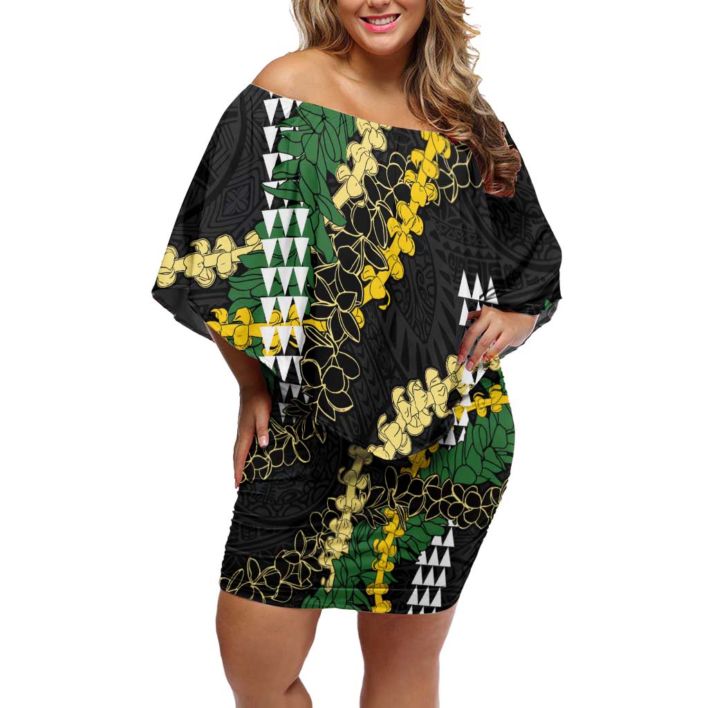 Hawaii Aloha Kakau Off Shoulder Short Dress Puakenikeni and Maile Lei Twist